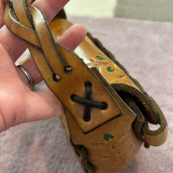 Vtg 70s Tooled Thick Stitch Flower Leather Braided Painted Bohemian Shoulder Bag - Picture 6 of 16
